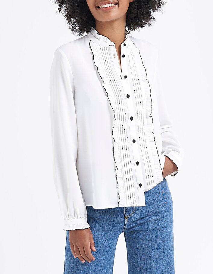 Gebroken witte blouse, zwarte geborduurde ruches I.Code - I.CODE