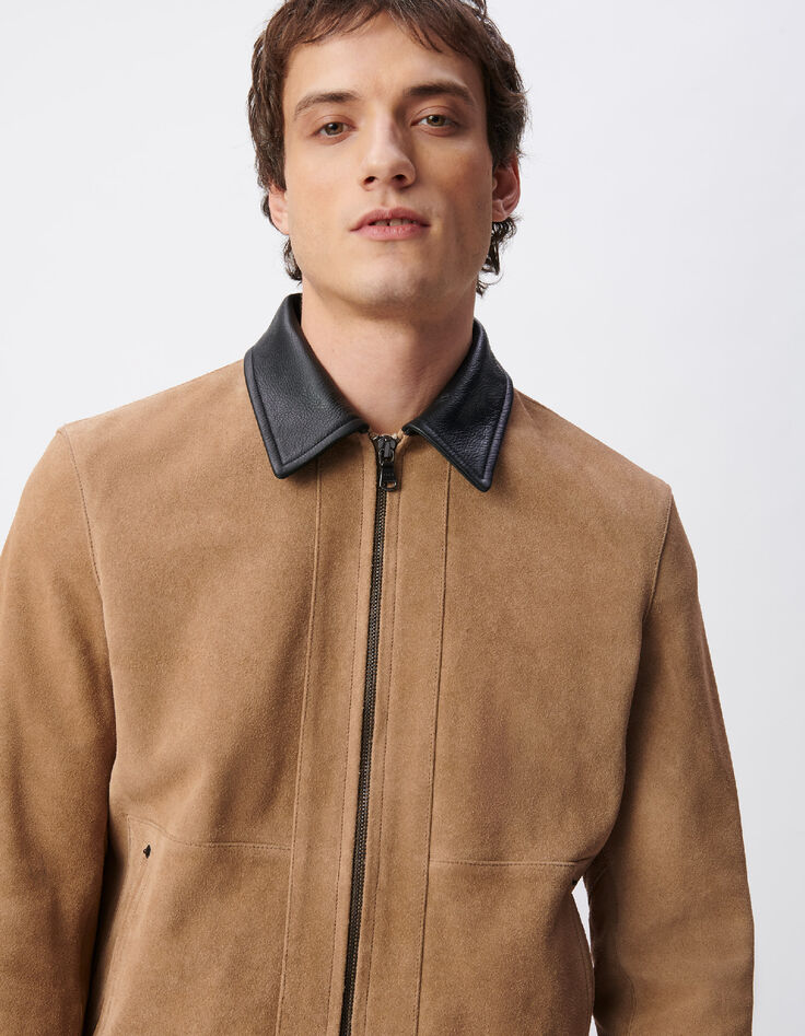 Beiger Velourslederjacke schwarzer Kragen-5