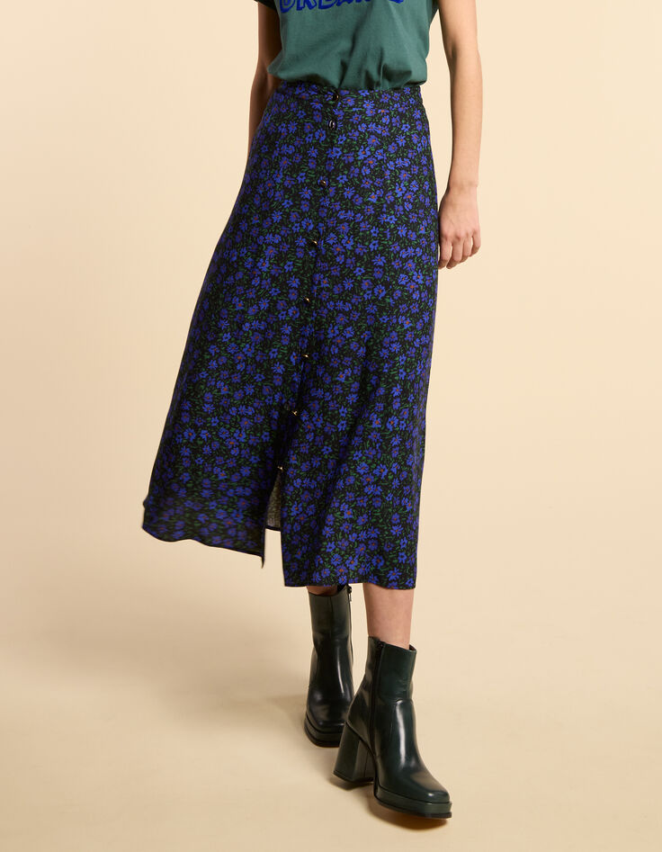 Jupe midi noire imprim&eacute; fleurs d'hiver I.Code-3