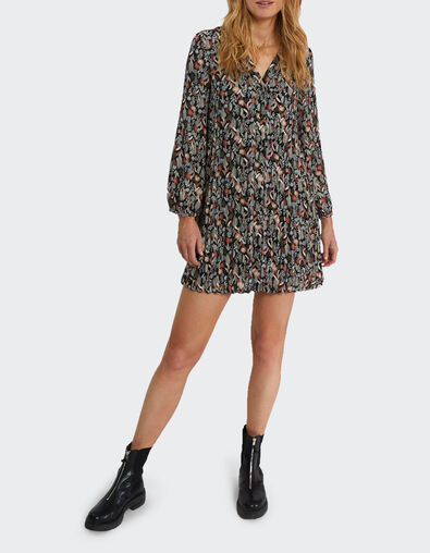 Robe noire plissée à imprimé végétal I.Code