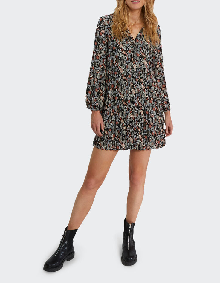 Robe noire plissée à imprimé végétal I.Code-1