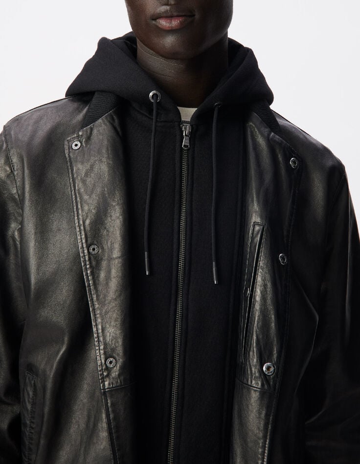 Schwarze Herrenbomberjacke aus Leder mit Futter-5