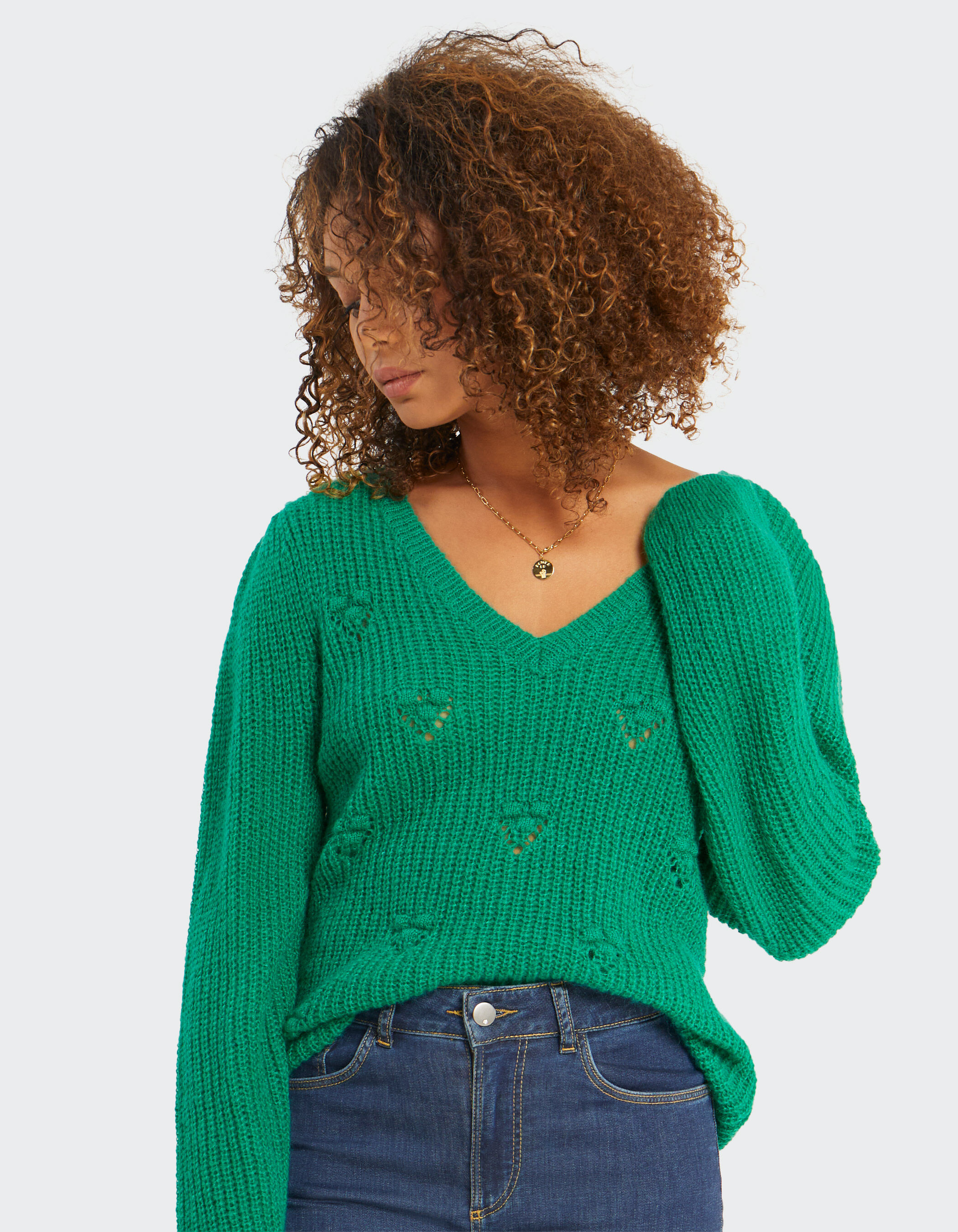 Pull vert n on en tricot avec points fantaisie I.Code