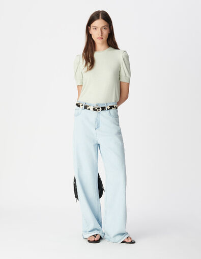 Gr&uuml;nes paillettenbesetztes Damen-Rundhalsausschnitt-T-Shirt mit gerafften &Auml;rmeln - IKKS