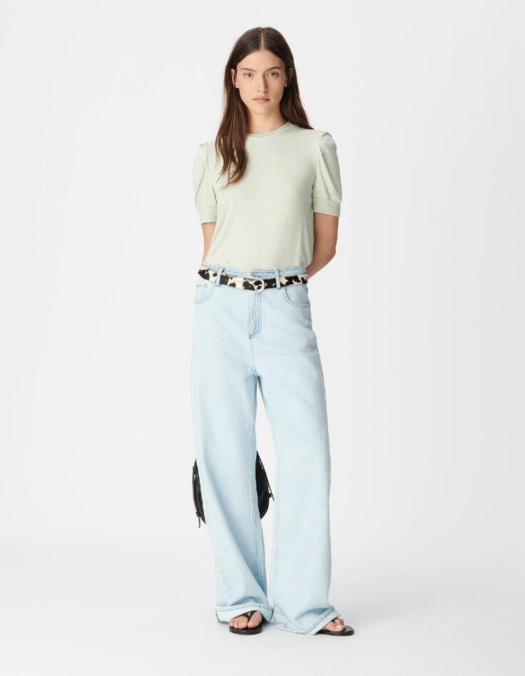 Gr&uuml;nes paillettenbesetztes Damen-Rundhalsausschnitt-T-Shirt mit gerafften &Auml;rmeln-1