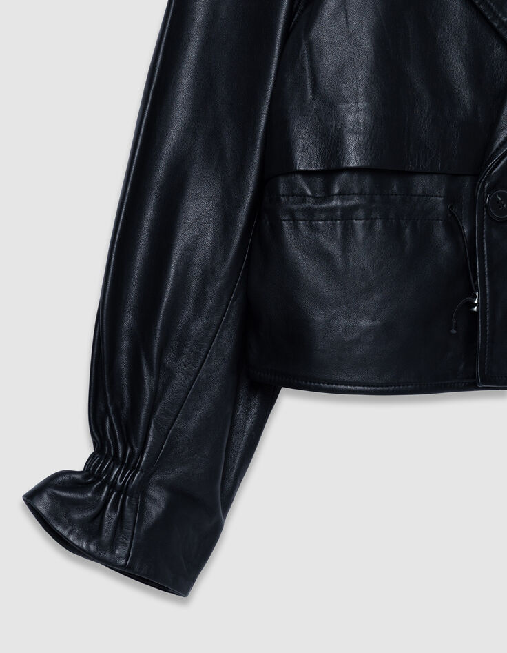 Veste oversize noire cuir coulisse taille Femme-8