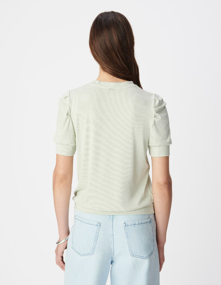Gr&uuml;nes paillettenbesetztes Damen-Rundhalsausschnitt-T-Shirt mit gerafften &Auml;rmeln-3