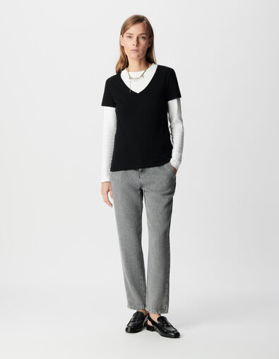 Schwarzes V-Ausschnitt T-Shirt Damen mit Fischgr&auml;ten-Stickerei - IKKS