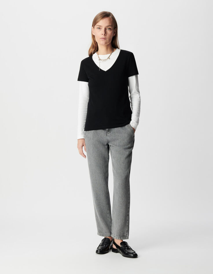 Schwarzes V-Ausschnitt T-Shirt Damen mit Fischgr&auml;ten-Stickerei-1