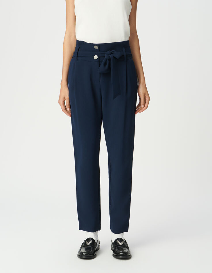 Marineblaue Hose mit hohem Bund und G&uuml;rtel-2