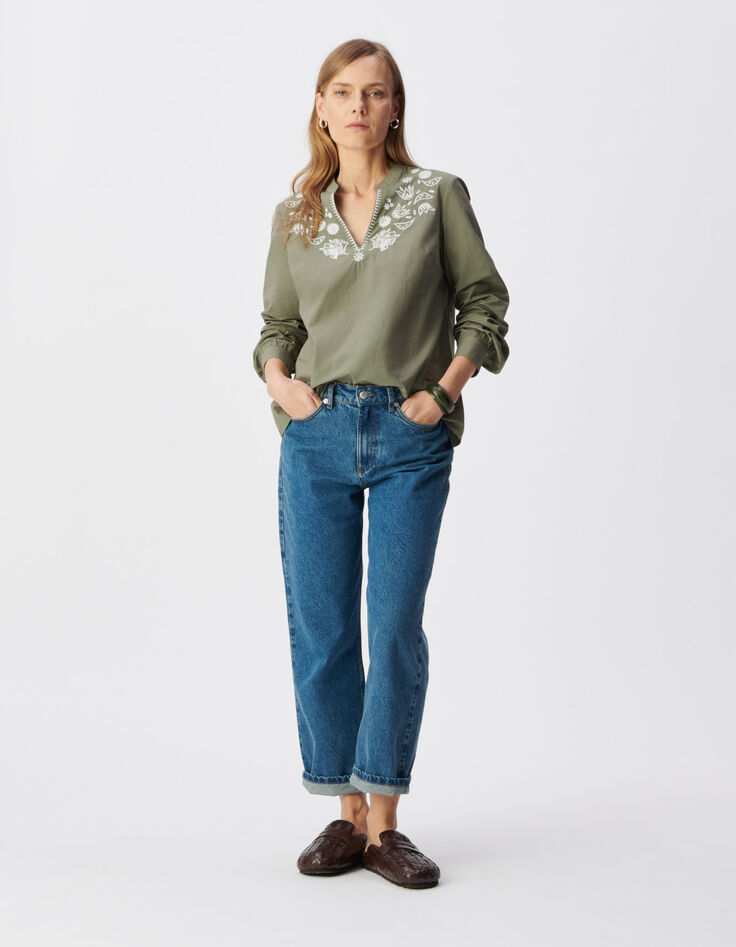 Latzbluse aus khakifarbener Bio-Baumwolle mit Stickerei f&uuml;r Damen-1