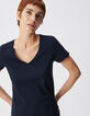 Marine T-Shirt Damen V-Ausschnitt mit Fischgr&auml;ten-Stickerei-3