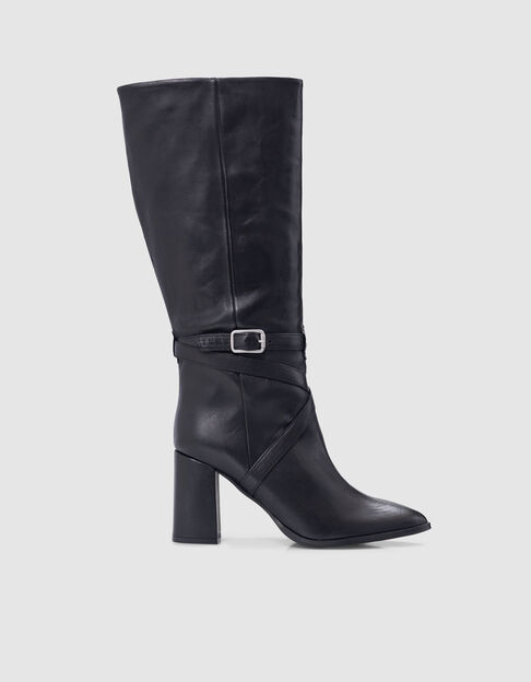 Botines de mujer de piel negra con tac&oacute;n cruzado - IKKS