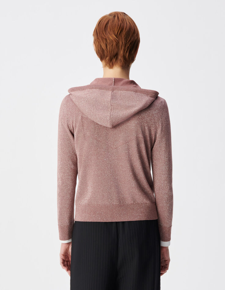 STRICKJACKE mit Kapuze burgunderfarbener Strick Lurex Fischgr&auml;ten R&uuml;cken Damen-3