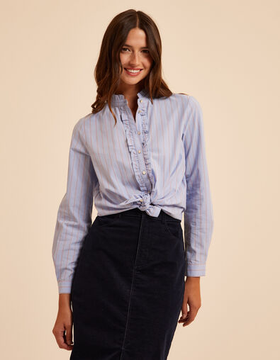 I.Code blue striped blouse with ruff collar and front