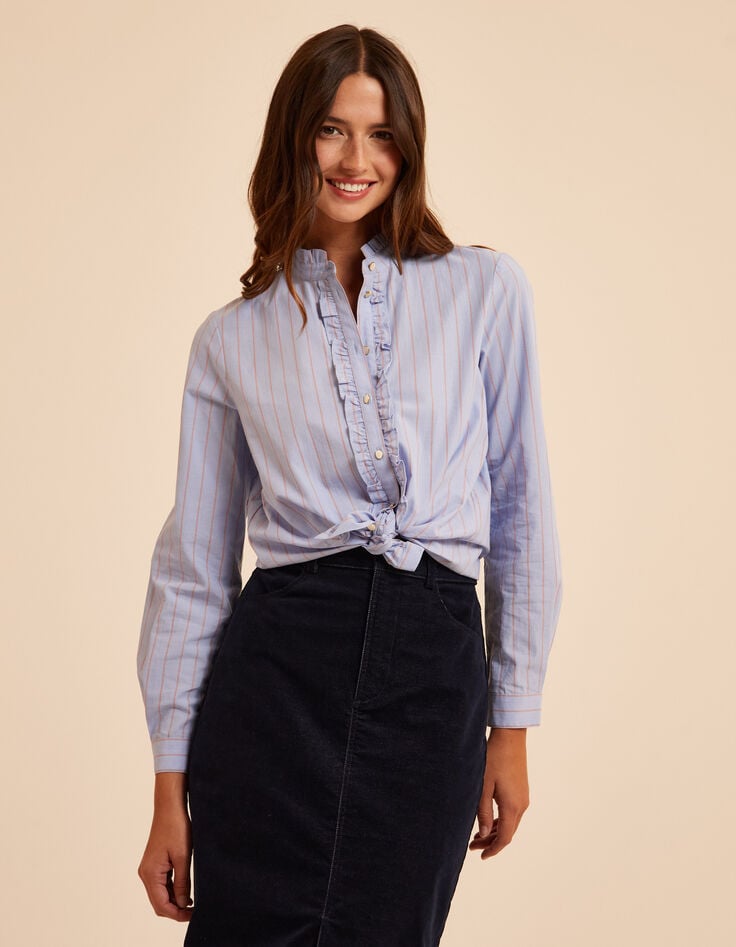 I.Code blue striped blouse with ruff collar and front-1