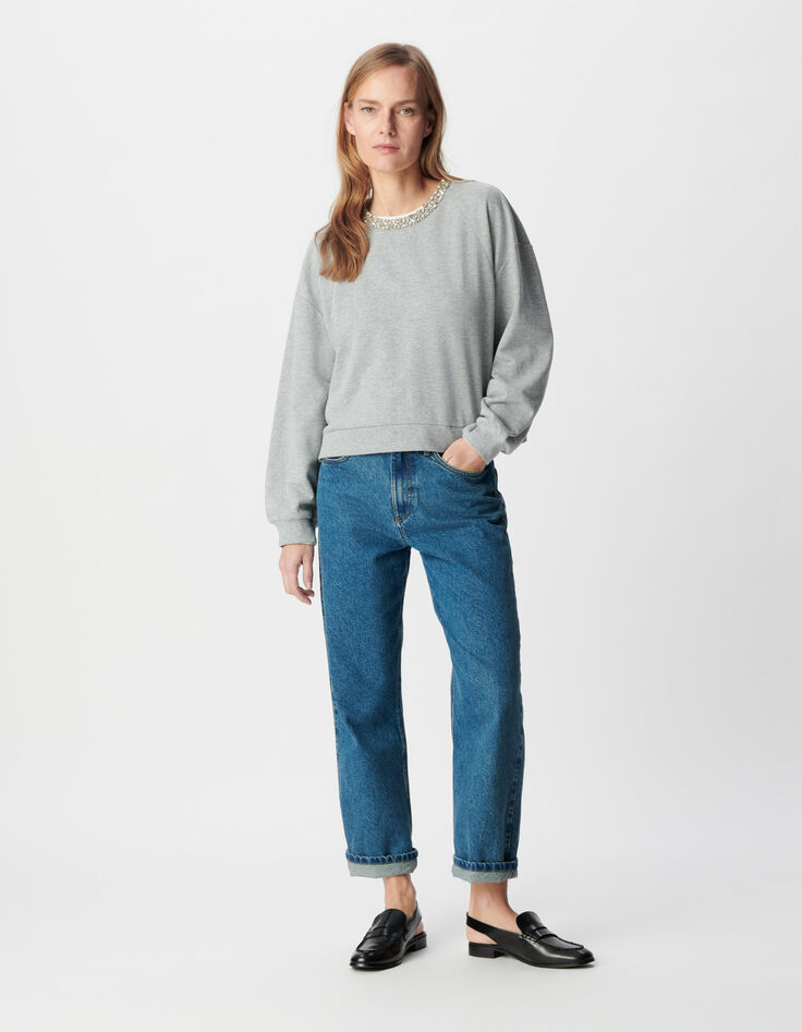 Graues Sweatshirt mit Juwelenausschnitt in &Uuml;bergr&ouml;&szlig;e Damen-1