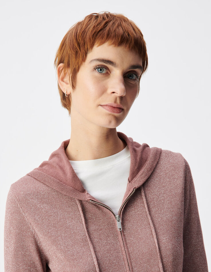 STRICKJACKE mit Kapuze burgunderfarbener Strick Lurex Fischgr&auml;ten R&uuml;cken Damen-4