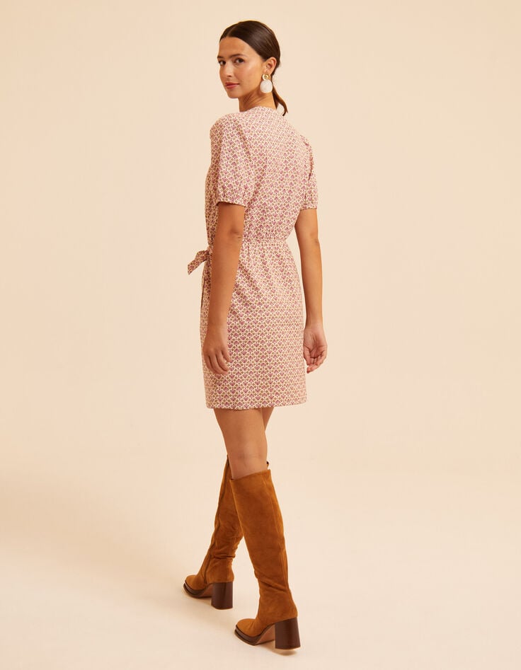 Robe écrue imprimé fleurs indiennes roses I.Code-4 Robe écrue imprimé fleurs indiennes roses I.Code-4