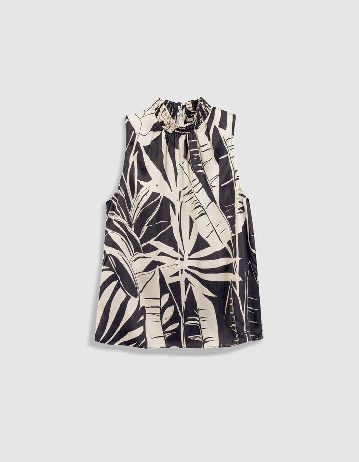 &Auml;rmelloses Satin-Top navy mit Blattprint f&uuml;r Damen-7