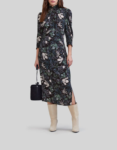 Schwarzes Midi-Damenkleid mit Orchideenprint - IKKS