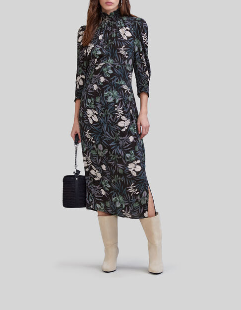 Schwarzes Midi-Damenkleid mit Orchideenprint - IKKS