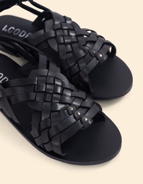 Sandales en cuir noir &agrave; lani&egrave;res tress&eacute;es I.Code