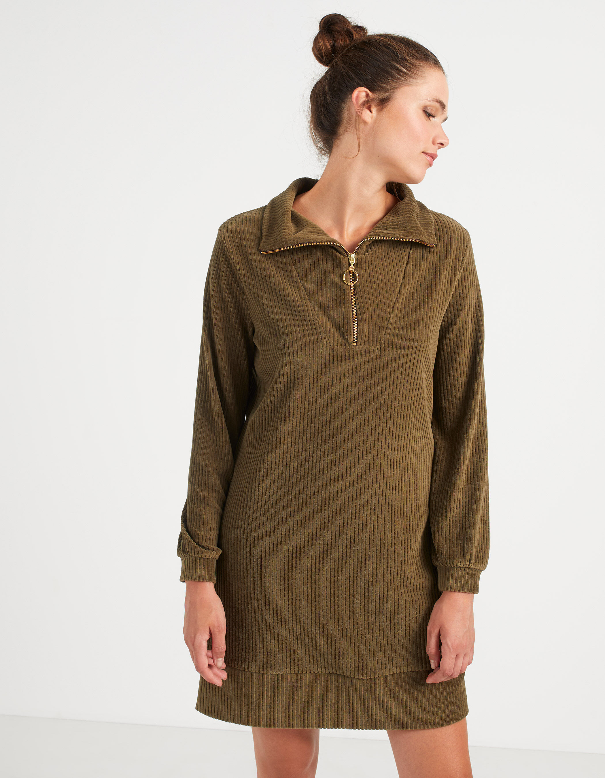 I.Code khaki organic panne corduroy dress