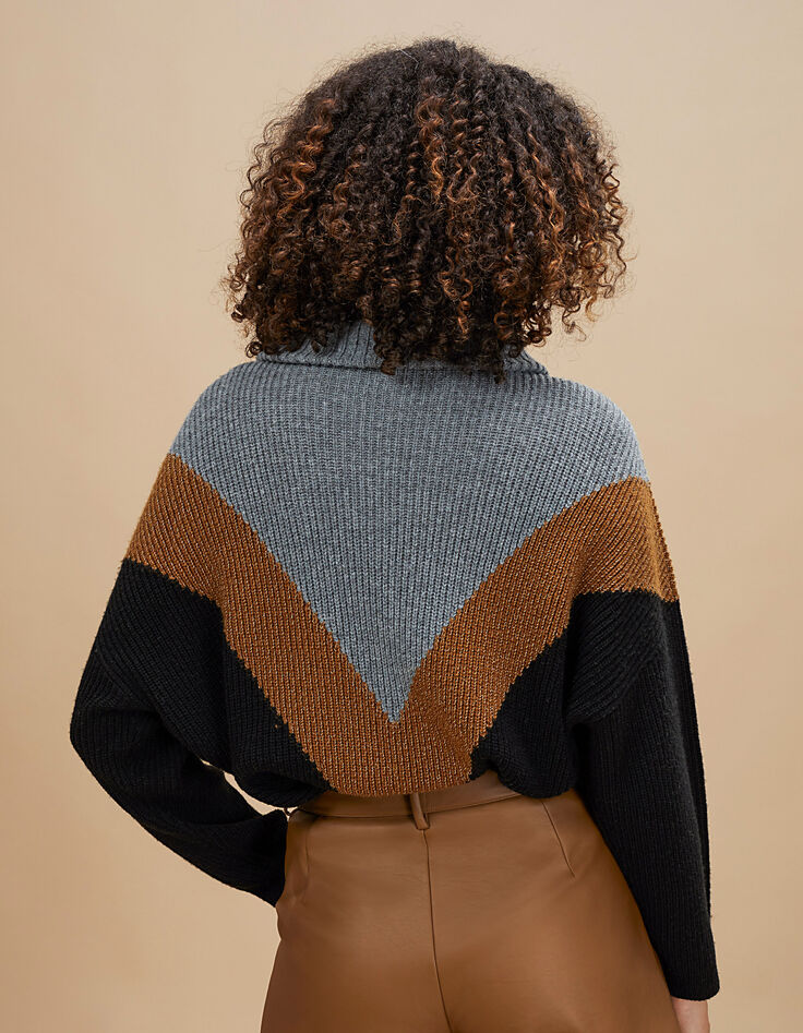 Pull noir, fauve, gris en tricot à col camionneur I.Code-3
