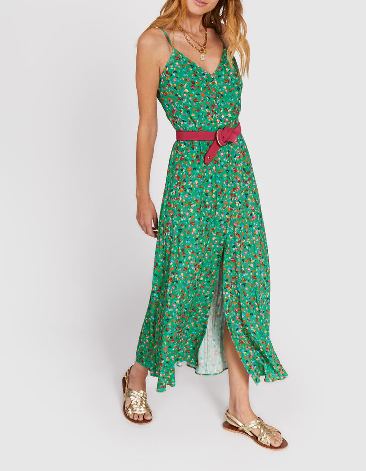 Vestido verde estampado tachista y tirantes finos I.Code-1