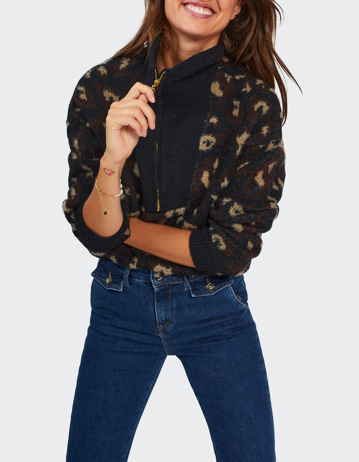 Pull noir tricot léopard à col camionneur I.Code -6
