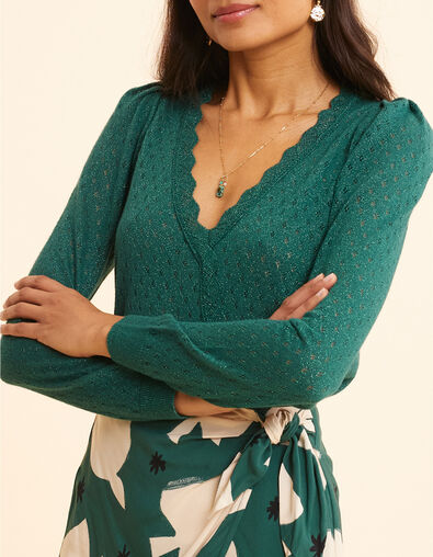 Pull vert lurex tricot ajour&eacute; effet cache-c&oelig;ur I.Code