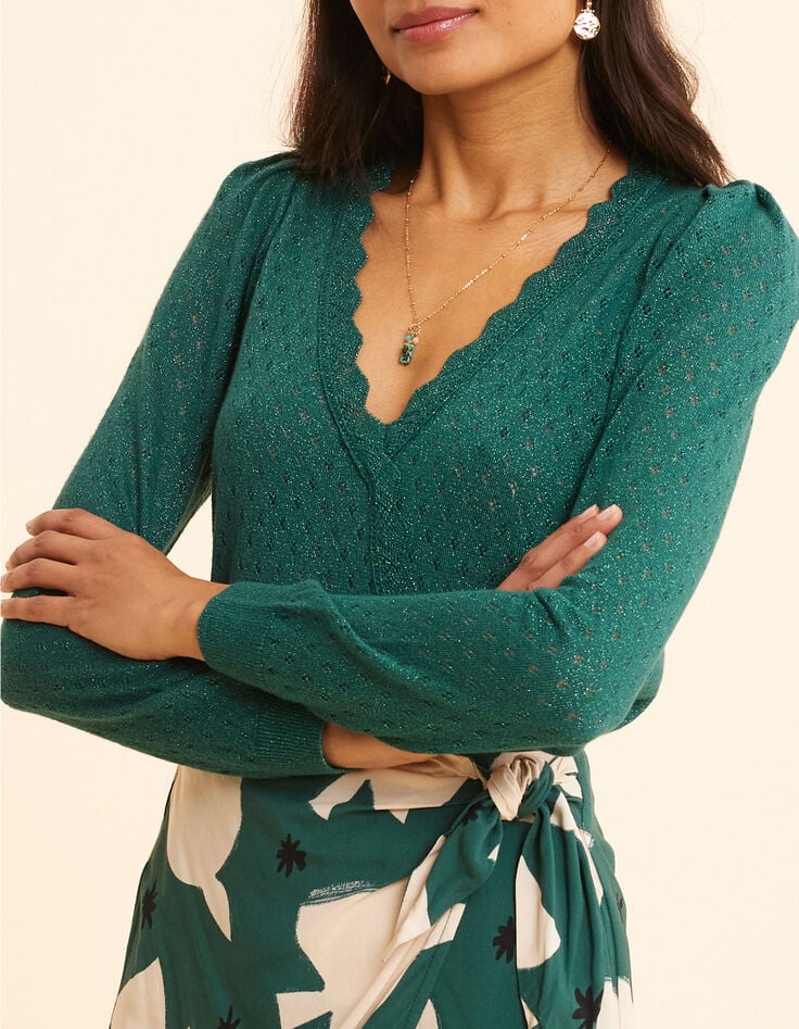 Pull vert lurex tricot ajour&eacute; effet cache-c&oelig;ur I.Code-1
