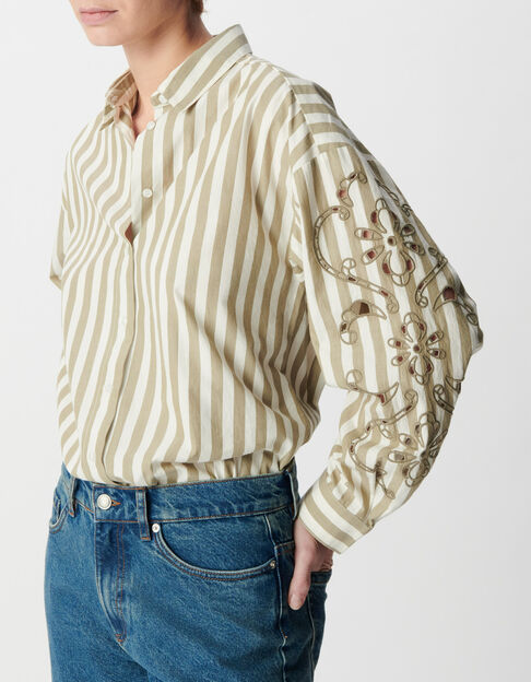 Camisa caqui rayas bordado calado Mujer mangas - IKKS