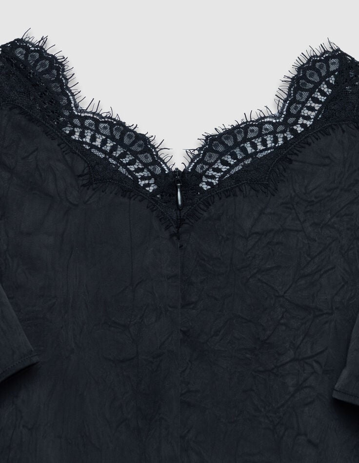 Schwarzes Maxikleid f&uuml;r Damen aus Satin mit Details aus geknitterter Spitze-8