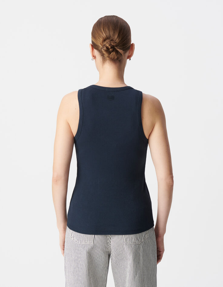 Marineblaues Damen-Tank-Top aus Rippstrick mit gesticktem Fischgr&auml;tenr&uuml;cken-3