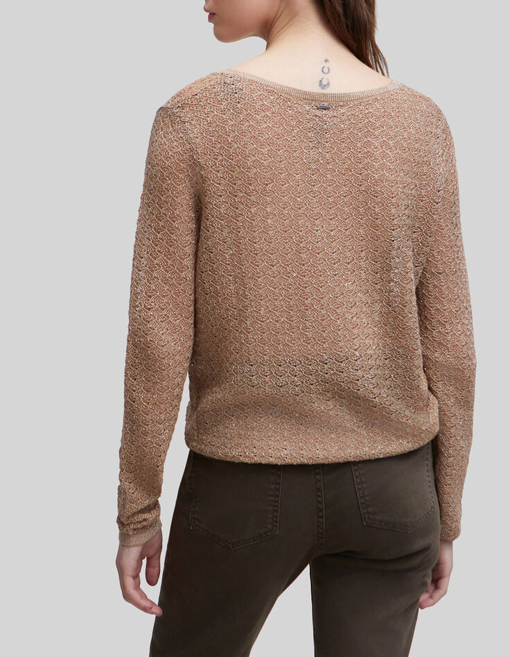 Sesamfarbener Damen-Strickpullover mit Lochmuster-2