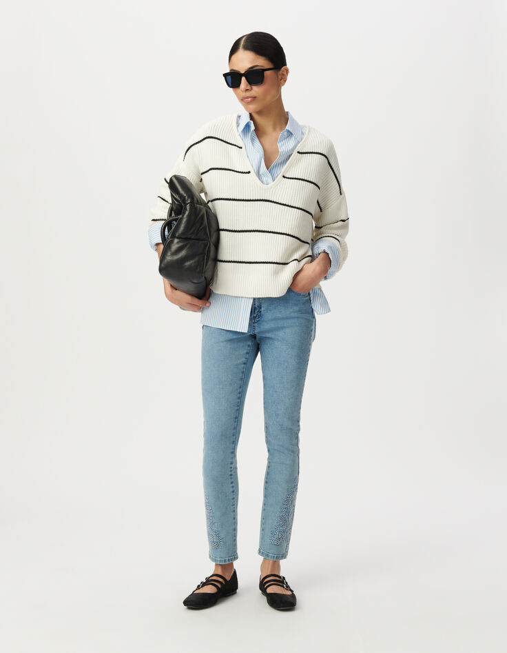 Blaue Slim-Damenjeans hoher Bund 7/8.-Dekor Stick-1