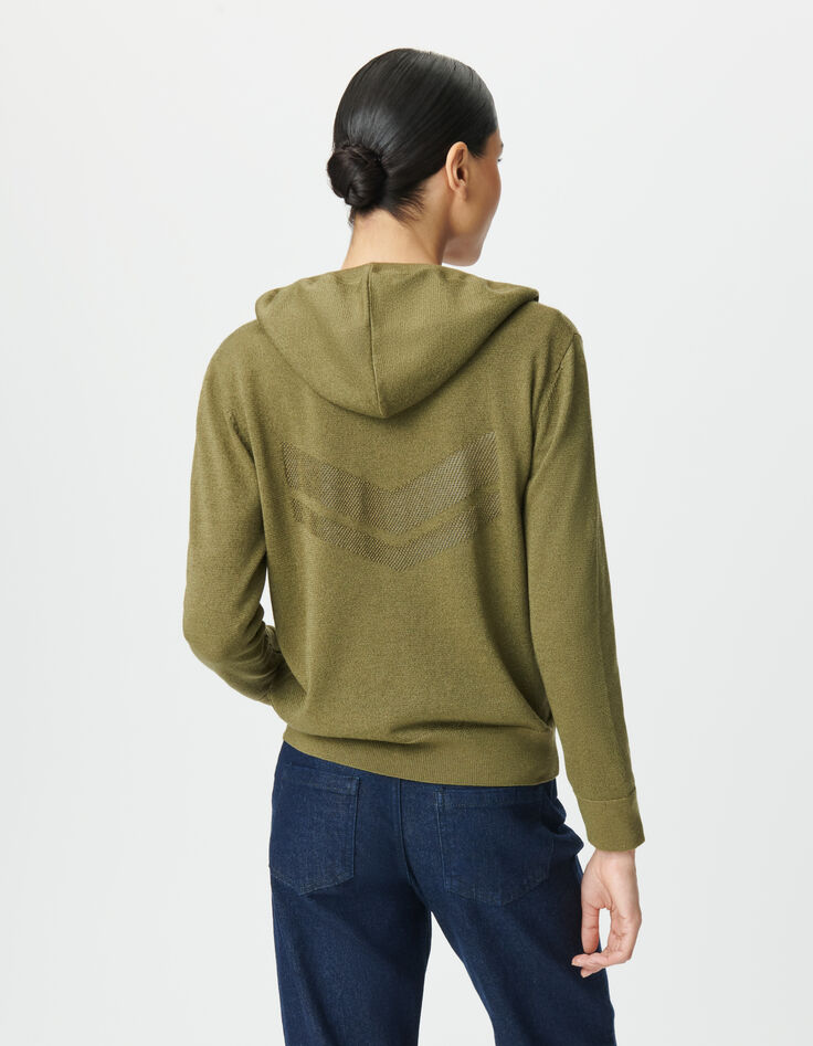 Khaki Damenstrickjacke Kapuze Lurex Fischgr&auml;ten hinten-4