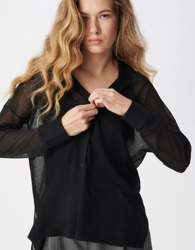 Black long-sleeved cardigan with knit pockets for women-4