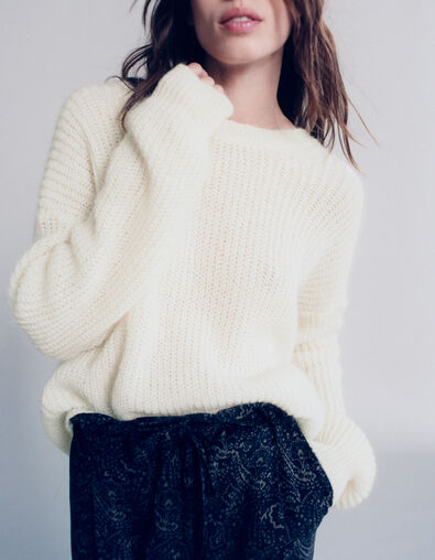 Cremefarbener Damen-Strickpullover Maxi hinten geschn&uuml;rt - IKKS