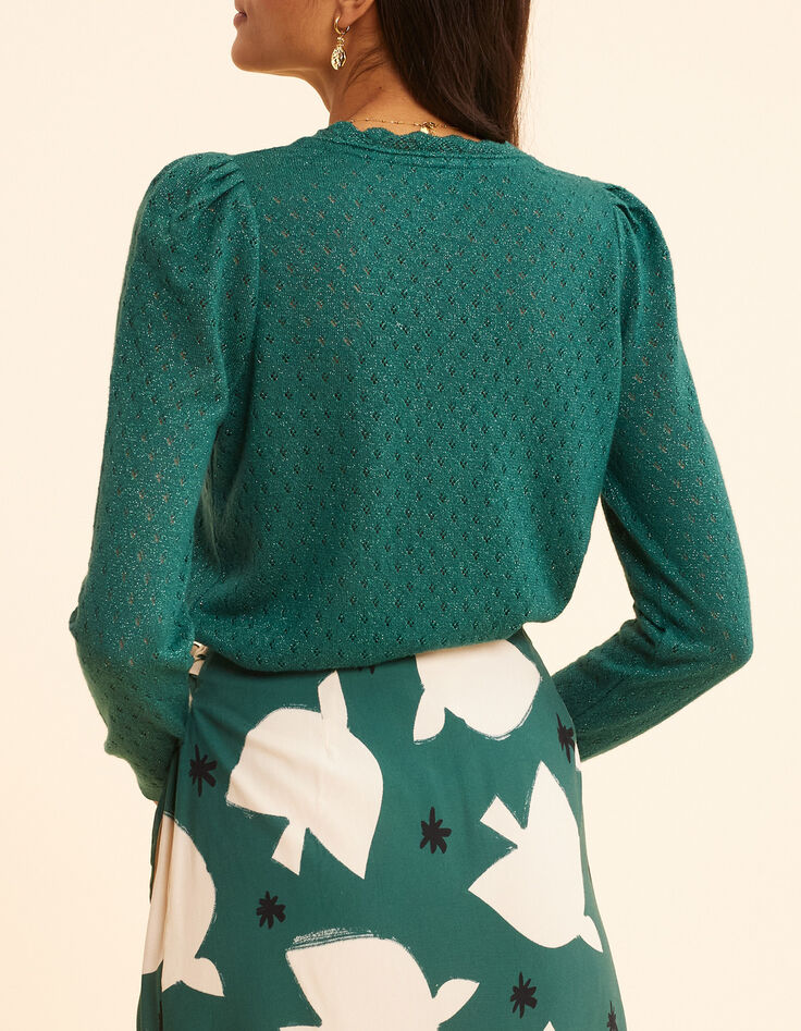 Pull vert lurex tricot ajour&eacute; effet cache-c&oelig;ur I.Code-3