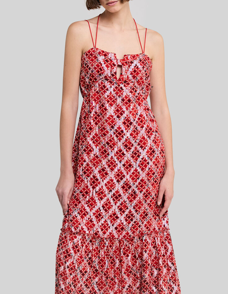 Langes, mohnrotes Damenkleid mit Karos-2