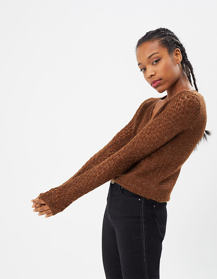 Pullover in Cognac, Mohairmischgarn und Ajour-Ärmel I.Code-1