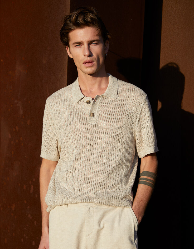 Beiges Herrenpoloshirt, Lochstrick-8
