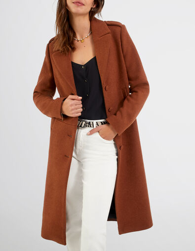 I.Code brown thin striped wool fabric long coat - IKKS