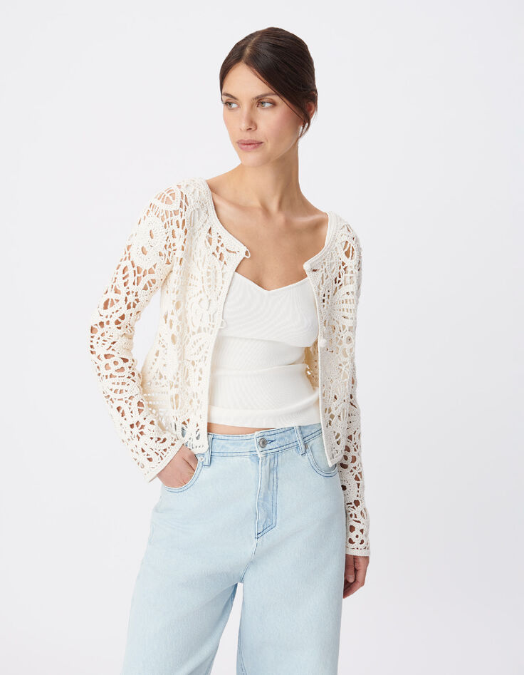 Ecru Damen STRICKJACKE mit durchbrochener H&auml;kelarbeit-4