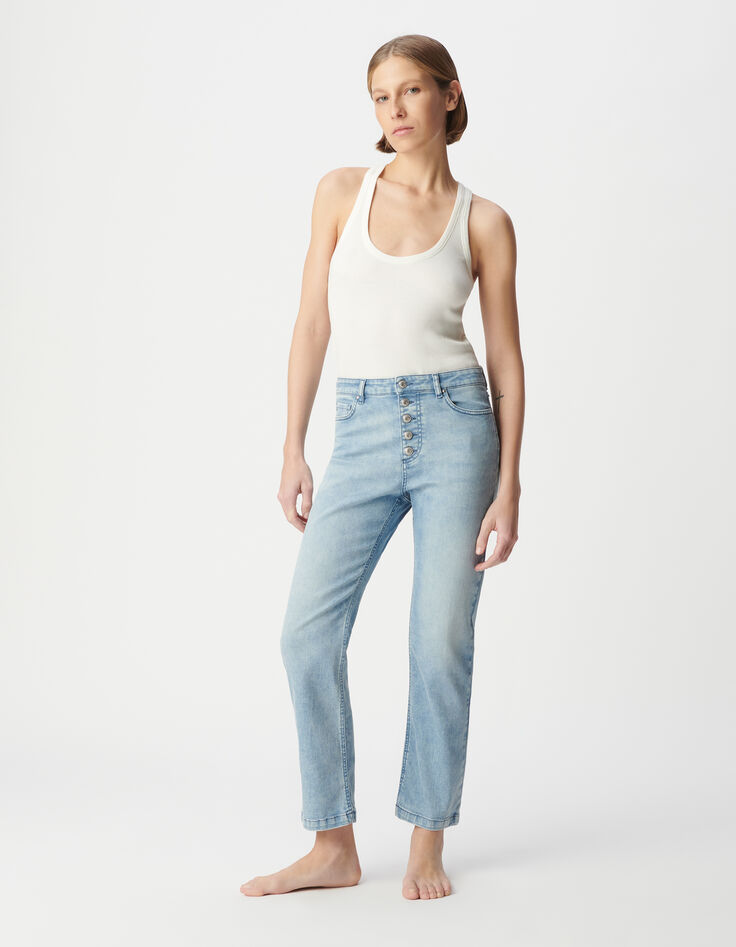 Blaue Cropped-Jeans f&uuml;r Damen mit sichtbaren Powerstretch-Kn&ouml;pfen-2