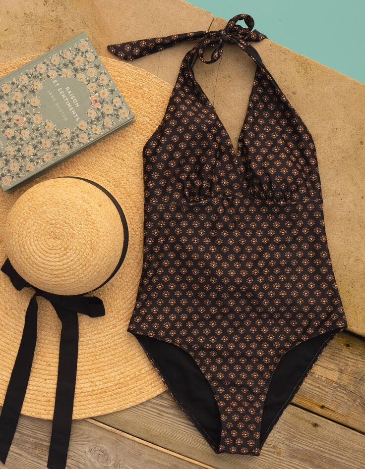 Maillot de bain 1-pièce noir imprimé floral cœur I.Code-8