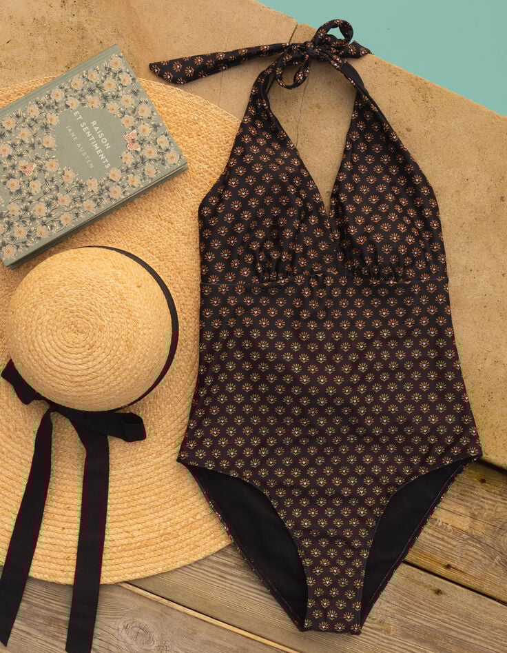 Maillot de bain 1-pièce noir imprimé floral cœur I.Code-8 Maillot de bain 1-pièce noir imprimé floral cœur I.Code-8